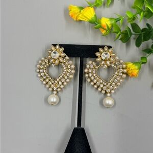 Gold, Crystal and Pearl Heart Drop Vintage Stud Earrings